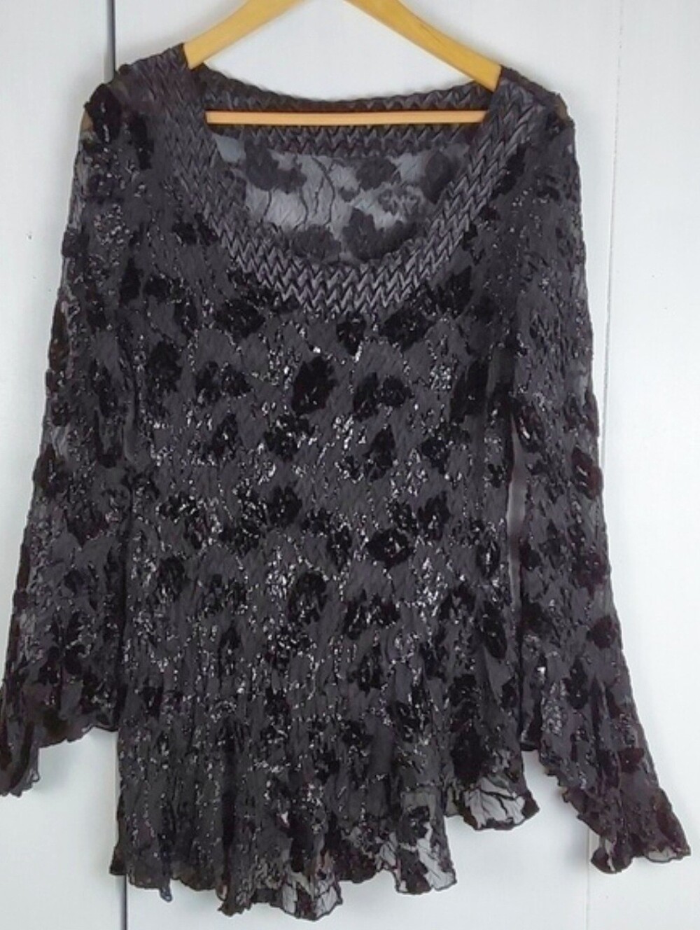 Womens Black Velvet Whimsigoth Metallic Shimmer Burnout  Edgy Fairy Top Sz.L